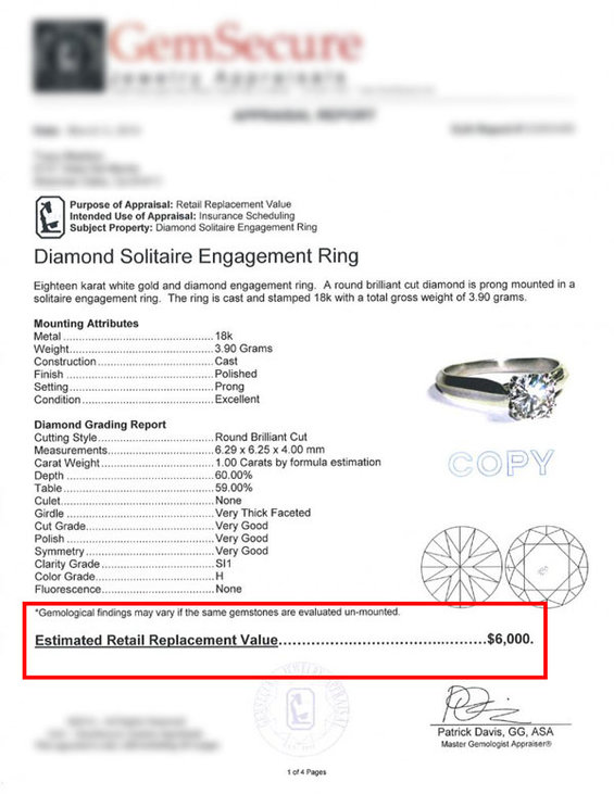 Пример сертификата оценки кольца с бриллиантом от Gem Secure